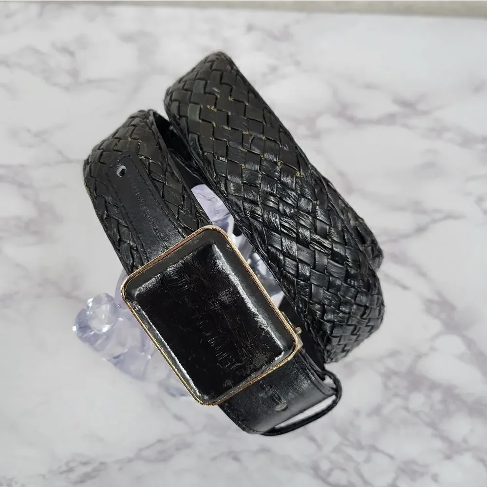 Vintage Belt Woven Black EEL Skin Leather and Gold Toned Buckle Men's Unisex